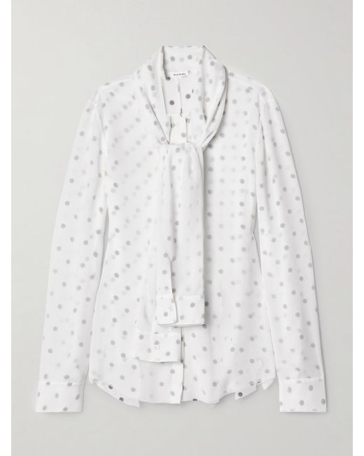 Acne White Layered Tie-Neck Distressed Polka-Dot Georgette Blouse