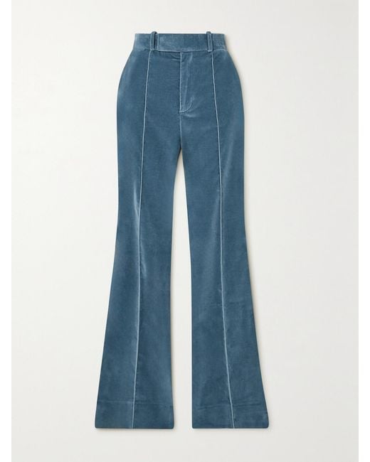 FRAME Blue The Slim Stacked Cotton-Blend Velvet Straight-Leg Pants