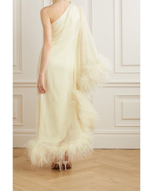 Taller Marmo White Net Sustain Ubud One-Shoulder Feather-Trimmed Silk-Crepe Gown