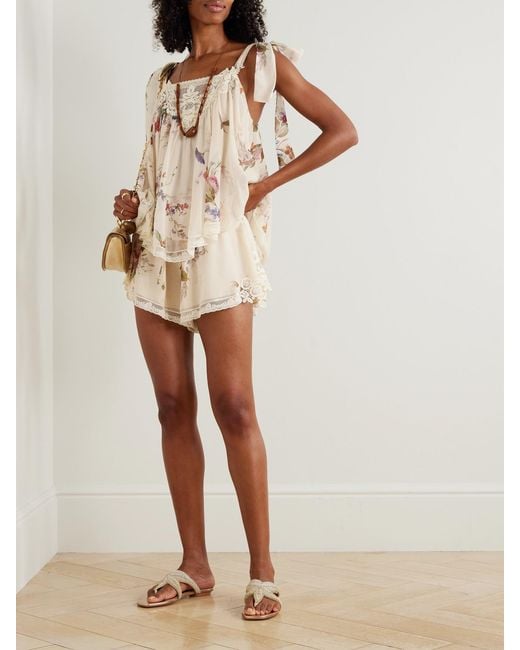 Zimmermann Natural Patience Lace-Trimmed Floral-Print Cotton And Silk-Blend Top