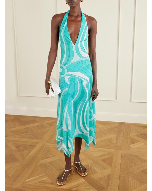 Emilio Pucci Blue Printed Silk Twill-Trimmed Crepe-Jersey Halterneck Midi Dress