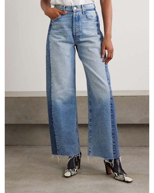 Mother Blue The Pipe Dream Button Sneak Fray Distressed High-Rise Wide-Leg Jeans