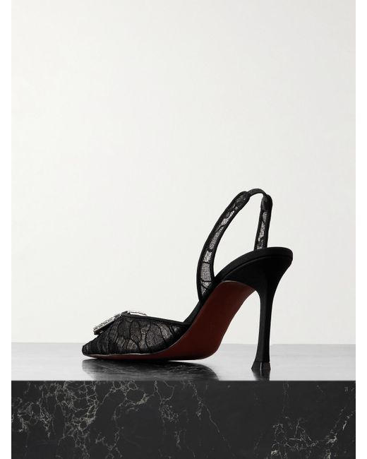 AMINA MUADDI Black Camelia Crystal-Embellished Lace Slingback Pumps