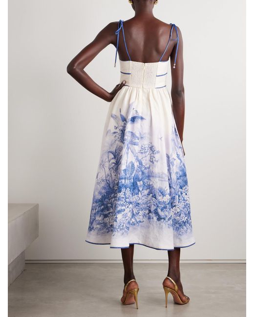 Zimmermann Blue Wylie Shirred Printed Linen Midi Dress