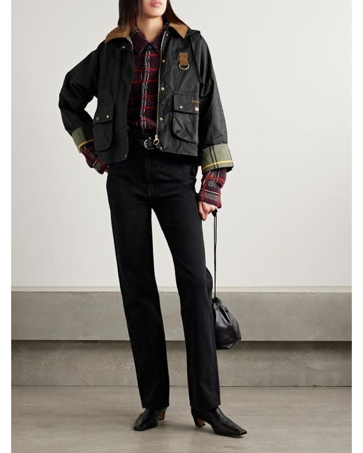 Barbour Black Erma Hooded Corduroy-Trimmed Waxed-Cotton Jacket