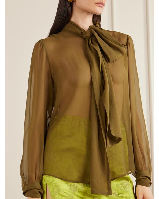 Saint Laurent Natural Crepe Mesh Silk Blouse