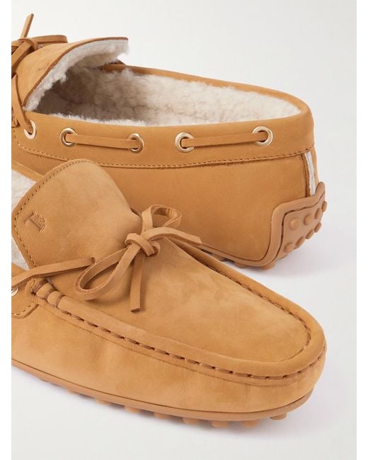 Tod's Brown Gommino Shearling-Trimmed Suede Loafers
