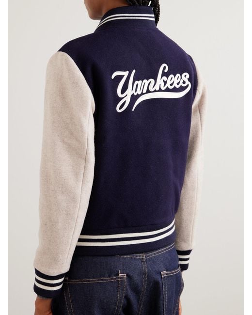 Sporty & Rich Blue '47 And New York Yankees Leather-Trimmed Embroidered Wool-Felt Bomber Jacket