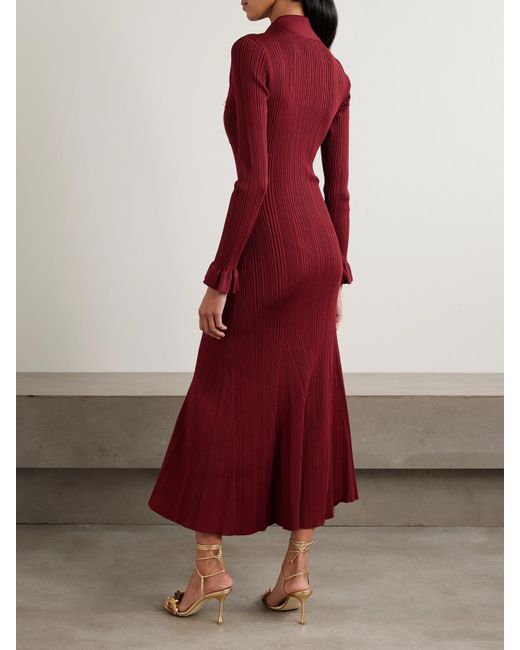 Self-Portrait Red Button-Embellished Ribbed-Knit Midi Dress