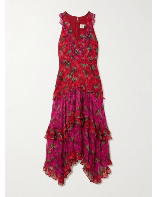 sachin and babi light blue dress Saloni Rosalind Floral V-neck Tie-waist Ruffled Chiffon Midi Dress (Dresses)  IFCHIC.COM