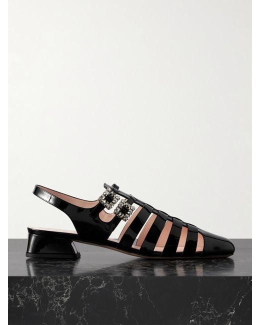 Roger Vivier Black Mini Très Vivier 25 Crystal-Embellished Patent-Leather Sandals