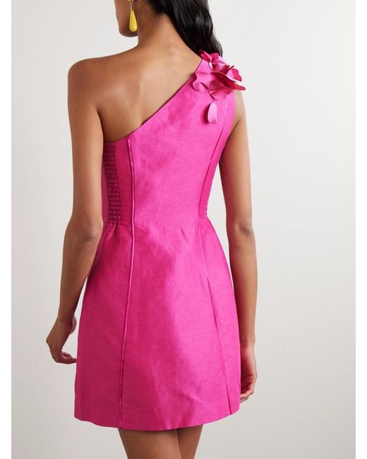 Aje. Pink Camille One-Shoulder Appliquéd Satin-Trimmed Linen-Blend Mini Dress