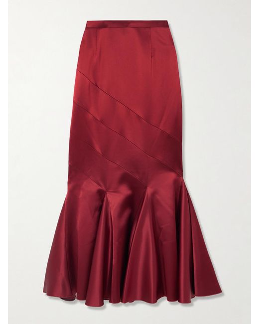 Violante Nessi Red Gentileschi Pleated Paneled Satin Maxi Skirt