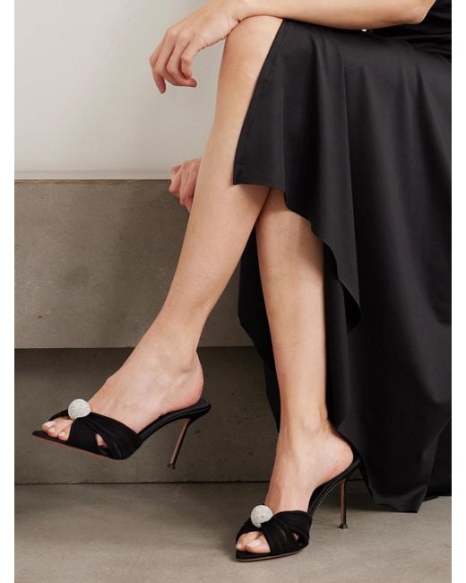 Aquazzura Black Mystery 85 Crystal-Embellished Leather-Trimmed Chiffon Mules