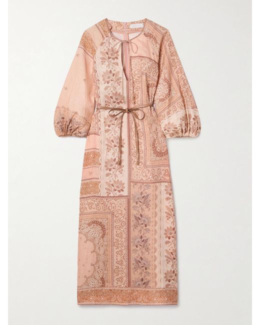 Zimmermann Pink Lucky Leather-Trimmed Belted Paisley-Print Linen Midi Dress