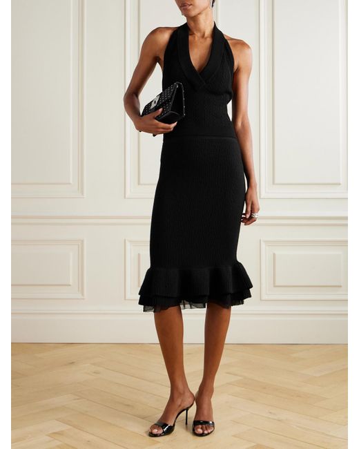 Nina Ricci Black Mehrlagiger Midirock Aus Einer Gerippten Wollmischung Mit Volants Und Tüllbesatz