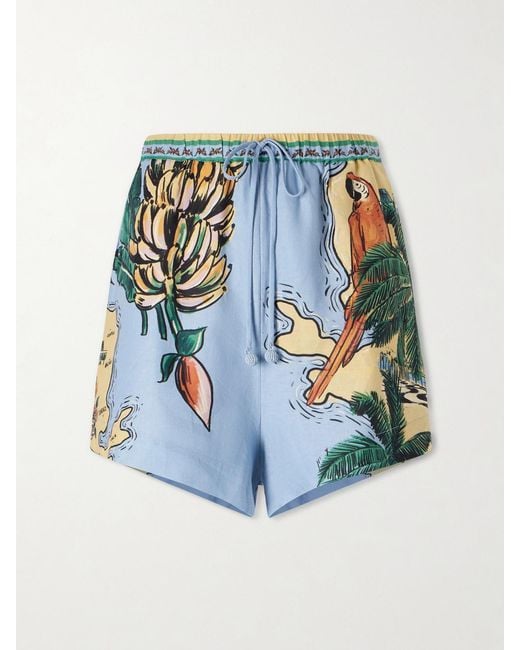 Farm Rio Blue Beaches Path Printed Linen-Blend Shorts