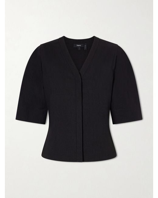 Theory Black Linen-Blend Blouse