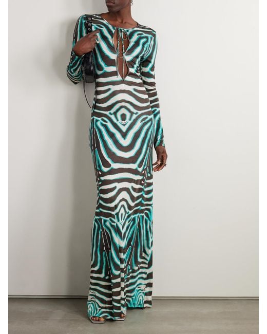 Siedres Green Magy Maxikleid Aus Satin Mit Zebraprint Und Cut-Out