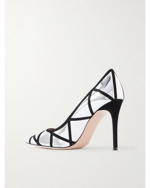 Gianvito Rossi White 95 Suede-Trimmed Mirrored-Leather Pumps