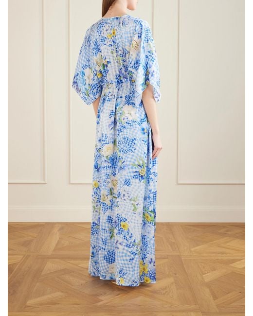 Mary Katrantzou Blue Taormina Checked Floral-Print Satin Kaftan