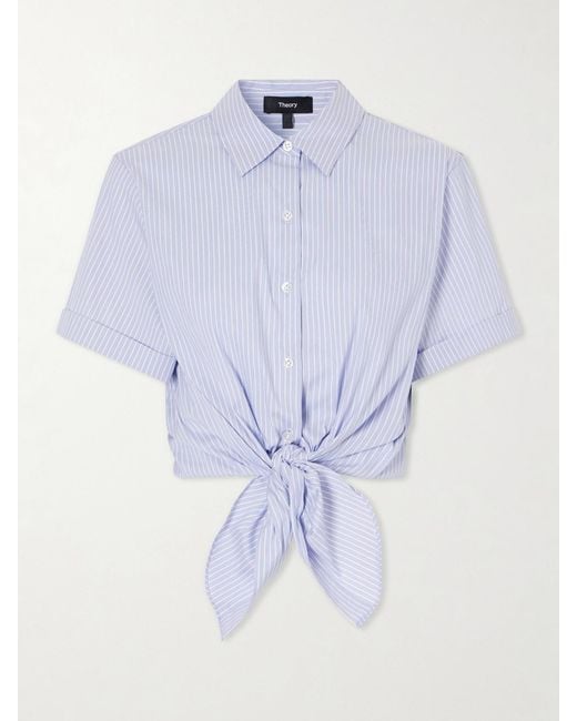 Theory Blue Knotted Cropped Striped Cotton-Blend Poplin Shirt