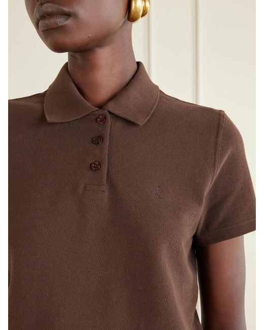 Saint Laurent Brown Cassandre-Embroidered Cropped Cotton-Piqué Polo Shirt