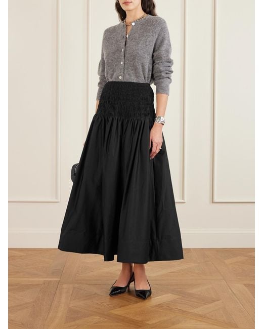 Self-Portrait Black Shirred Cotton-Sateen Midi Skirt