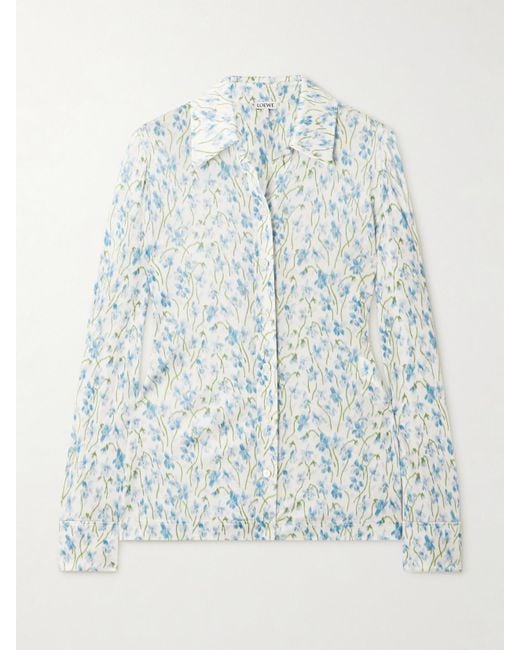 Loewe Blue Embroidered Floral-Print Crepe Shirt