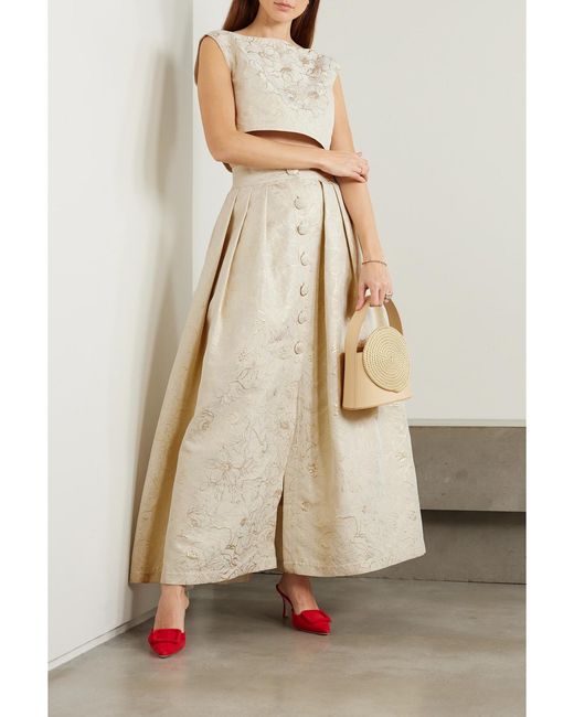 D'Estree Natural Irving Pleated Metallic Floral Brocade Maxi Skirt