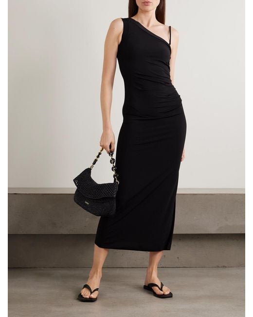Max Mara Black Beachwear One-Shoulder Ruched Stretch-Jersey Midi Dress