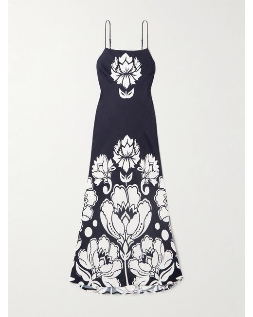 Farm Rio White Floral-Print Satin Maxi Dress