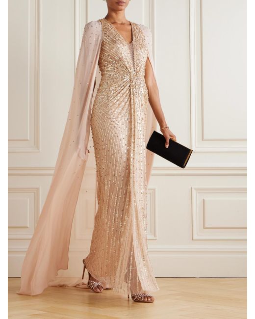 Jenny Packham Natural Zenith Verzierte Robe Aus Chiffon Mit Cape-Effekt Und Pailletten