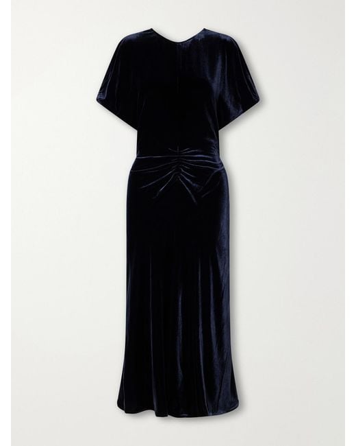 Victoria Beckham Black Bela Gathered Velvet Midi Dress