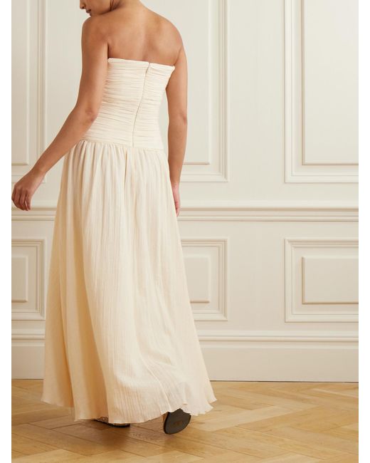 Staud Natural Hightide Strapless Asymmetric Gathered Cotton And Ramie-Blend Maxi Dress