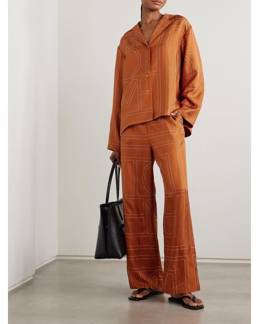 Totême Orange Embroidered Silk-Twill Shirt