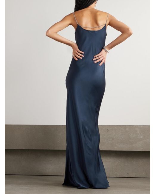 Rabanne Blue Chain-Embellished Draped Satin Maxi Dress