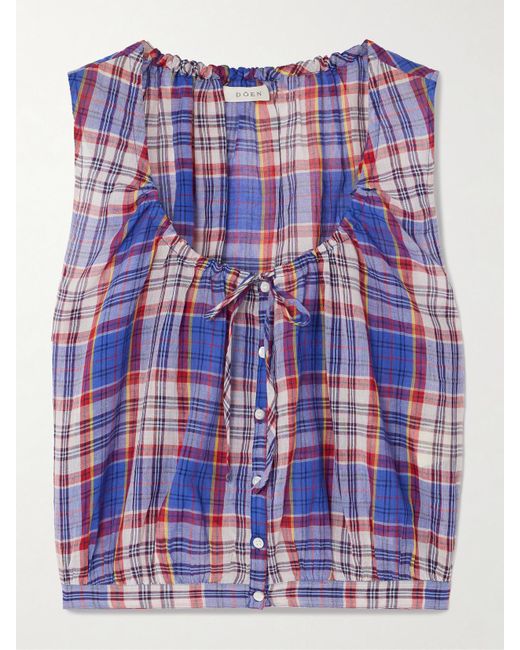 Doen Blue Theo Tie-Neck Checked Cotton-Voile Top