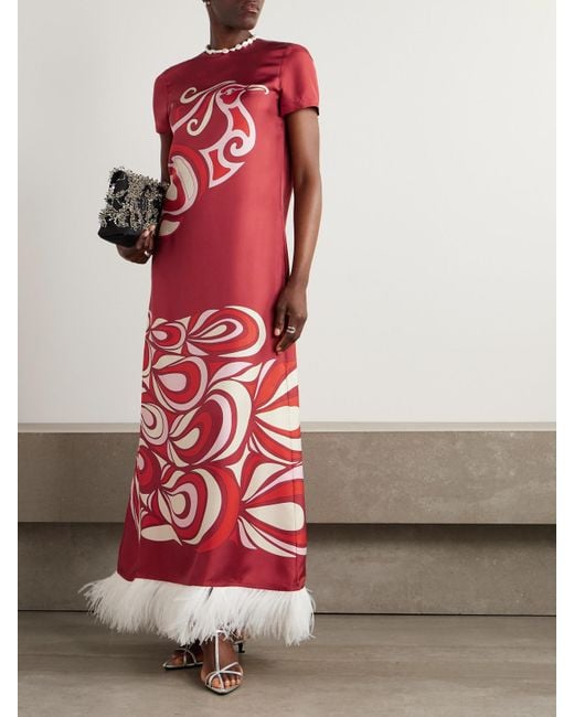 LaDoubleJ Red Swing Feather-Trimmed Printed Silk-Twill Maxi Dress