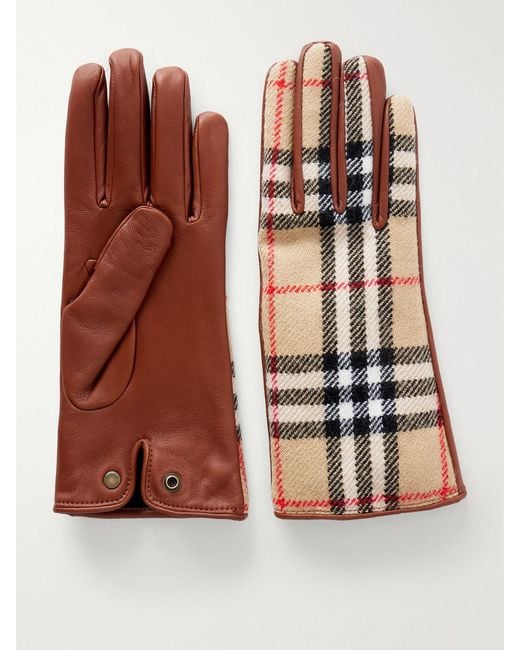 Burberry Brown Checked Leather And Wool Gloves