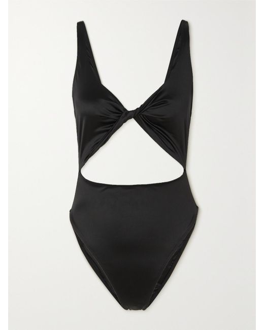 GOOD AMERICAN Black Twist-Front Cutout Stretch-Satin Swimsuit