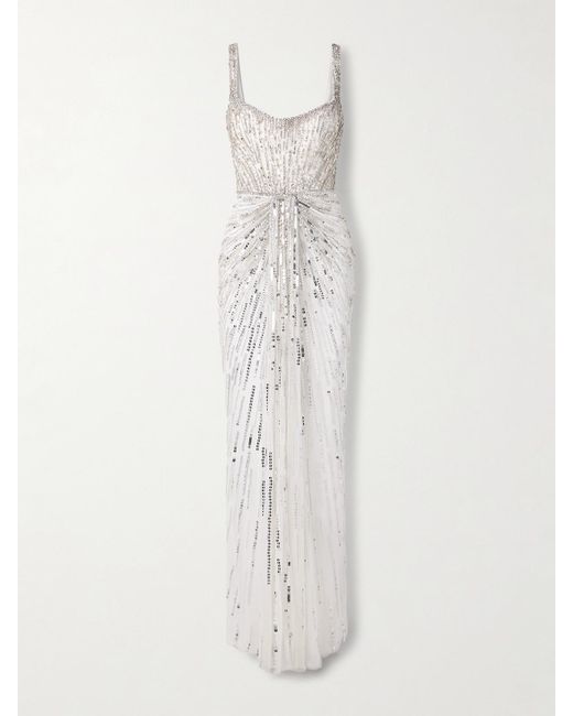 Robe Du Soir En Tulle À Ornements Et À Drapé Chrissy Jenny Packham en coloris White