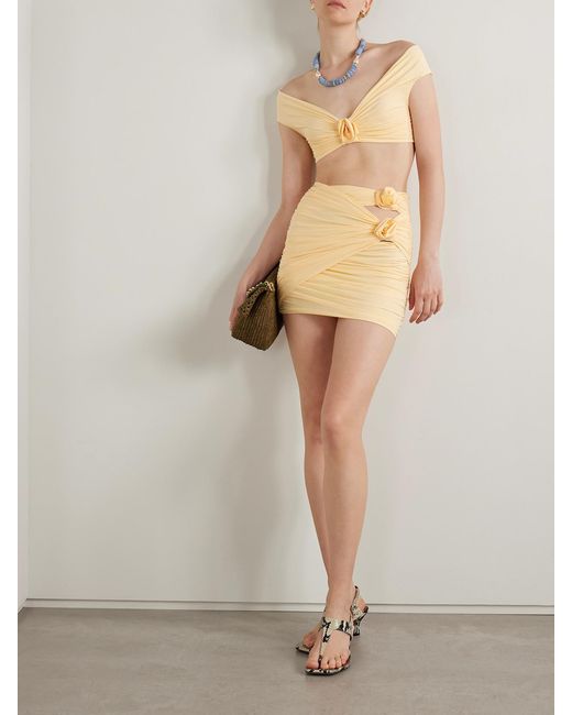 Maygel Coronel Natural Corda Cutout Appliquéd Ruched Stretch-Jersey Mini Skirt