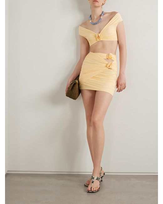 Maygel Coronel Natural Corda Minirock Aus Gerafftem Stretch-Jersey Mit Cut-Outs Und Applikationen