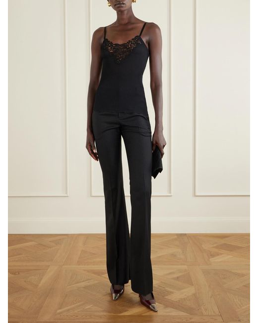 Saint Laurent Black Lace-Trimmed Ribbed Silk Tank