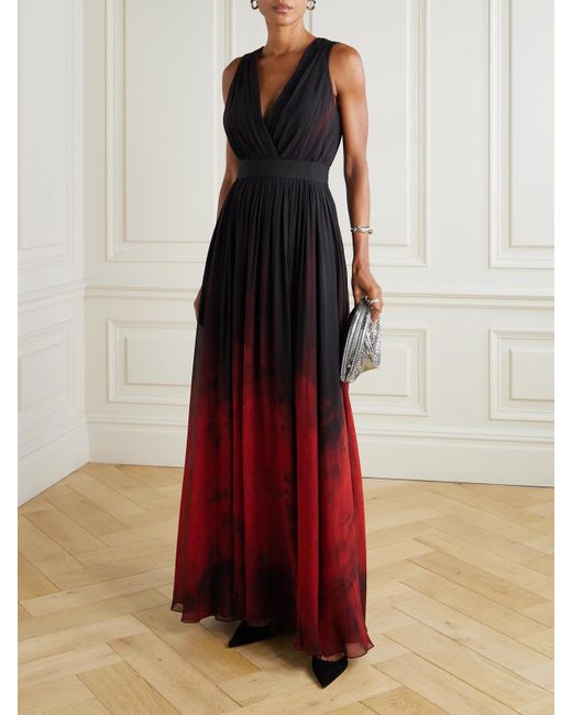 Elie Saab Red Pleated Dégradé Chiffon Gown