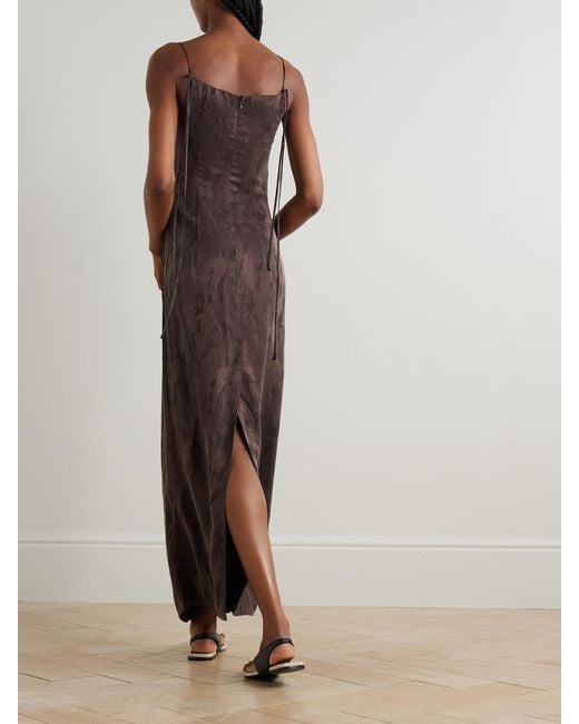 St. Agni Brown Gathered Washed Satin-Jacquard Maxi Dress