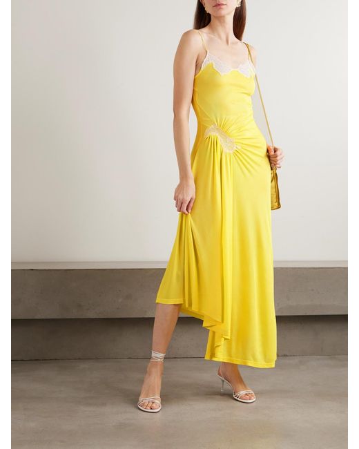 Christopher Esber Yellow Delphin Asymmetric Gathered Lace-Trimmed Ribbed Jersey Midi Dress