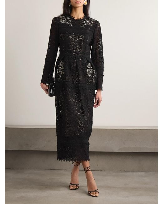 Erdem Crystal-Embellished Cotton Guipure Lace Midi Dress in Black | Lyst