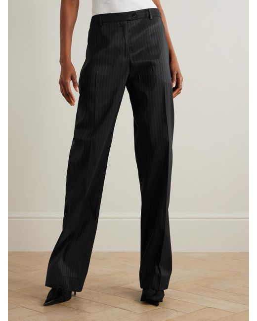 Acne Black Pinstriped Taffeta Straight-Leg Pants
